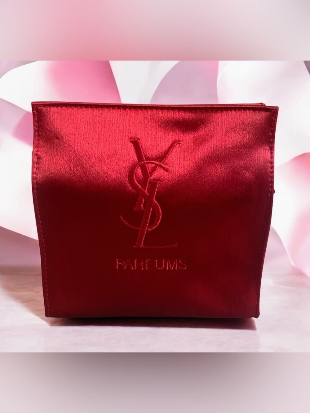 Yves Saint Laurent red satin makeup pouch